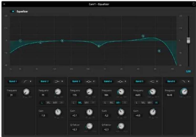 Cam1 - Equalizer Equalizer Band 1 Frequenz 31 Band 2 Frequenz 71 L ML MH H Gain -1.6 Band 3 Frequenz 175 L ML MH H Gain +0.1 Q-Faktor +2.3 Band 4 Frequenz 784 L ML MH H Gain -4.2 Q-Faktor +2.3 Band 5 Frequenz 4x89 L ML MH H Gain +4.0 Band 6 Frequenz 9x48