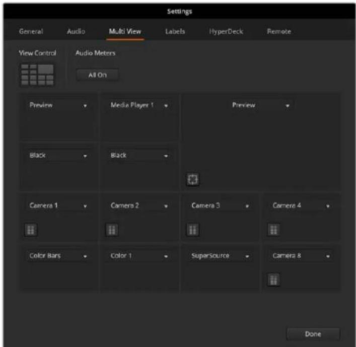 Settings General Audio Multi View Labels HyperDeck Remote View Control Audio Meters All On Preview Media Player 1 Preview Black Black Camera 1 Camera 2 Camera 3 Camera 4 Color Bars Color 1 SuperSource Camera 8 Done