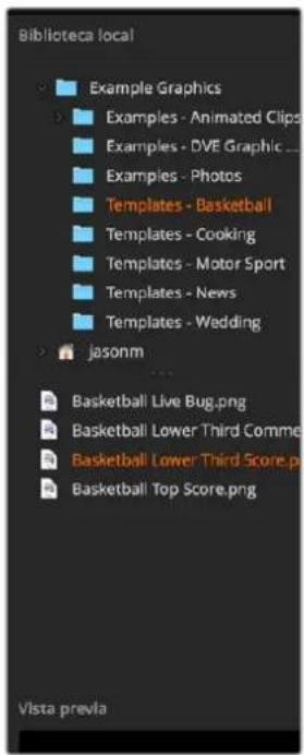 Biblioteca local Example Graphics Examples - Animated Clips Examples - DVE Graphic ... Examples - Photos Templates - Basketball Templates - Cooking Templates - Motor Sport Templates - News Templates - Wedding Jasonm Basketball Live Bug.png Basketball Lower Third Comme Basketball Lower Third Score.pri Basketball Top Score.png Vista previa