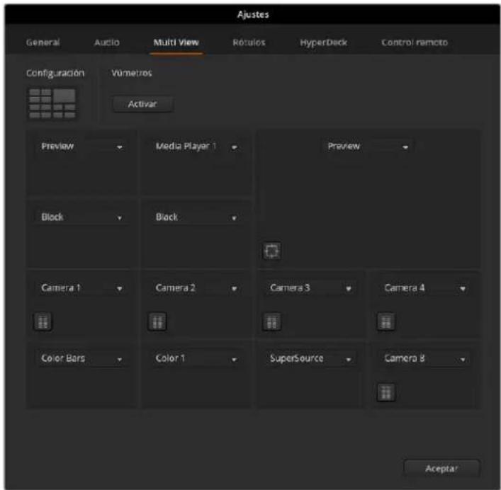 Ajustes General Audio Multi View Rótulos HyperDeck Control remoto Configuración Vúmetros Activar Preview Media Player 1 Preview Block Block Camera 1 Camera 2 Camera 3 Camera 4 Color Bars Color 1 SuperSource Camera 8 Aceptar