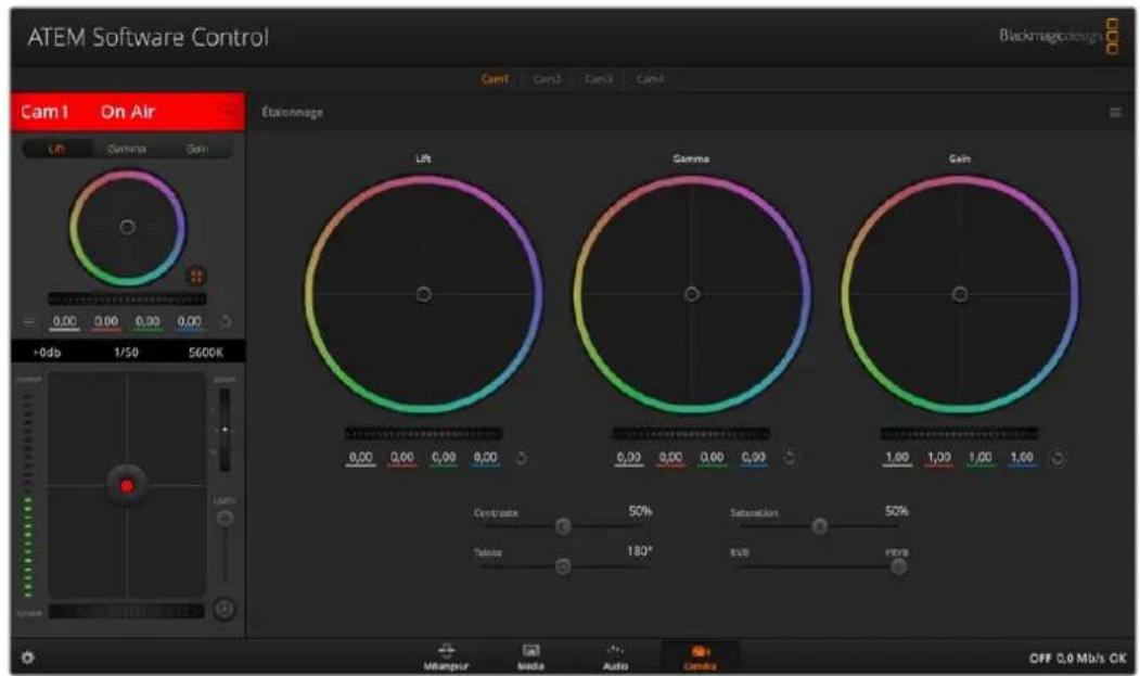 ATEM Software Control Blackmagicdesign Cam1 On Air Lift Gamma Gain +0db 1/50 5600K Emissionage Lift Gamma Gain 0.00 0.00 0.00 0.00 0.00 0.00 0.00 0.00 0.00 0.00 0.00 0.00 1.00 1.00 1.00 1.00 Centractor 50% Telator 180° Saturation 50% RVB VREF Off 0.0 Mb/s OK Mampur Media Audio Camera