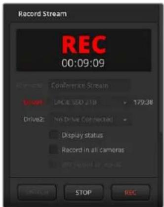 Record Stream REC 00:09:09 Recovery: Conference Stream Drive1: LACILE SSD 218 179:38 Drive2: No Drive Connected Display status Record in all cameras STOP REC