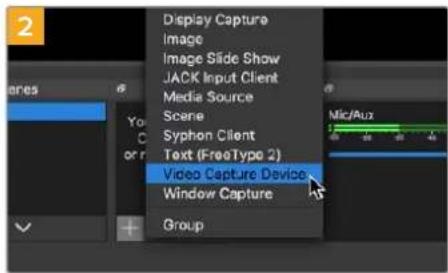 Display Capture Image Image Slide Show JACK Input Client Media Source Scene Syphon Client Text (FreeType 2) Video Capture Device Window Capture Group