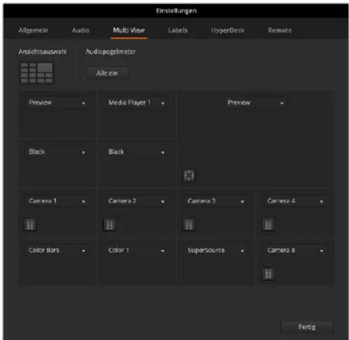 Einstellungen Allgemein Audio Multi View Labels HyperDeck Remote Ansichtsauswahl Audiopegelmeter Alle ein Preview Media Player 1 Preview Black Black Camera 1 Camera 2 Camera 3 Camera 4 Color Bars Color 1 Supersource Camera 8 Fertig