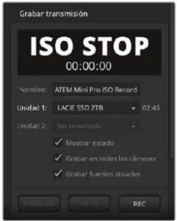 Grabar transmisión ISO STOP 00:00:00 Nombre: ATEM Mini Pro ISO Record Unidad 1: LACIE SSD 2TB 02:45 Unidad 2: No conectada ✓ Mostrar estado ✓ Grabar en todos las cáneras ✓ Grabar fuentes aisladas OK Cancel Stop REC