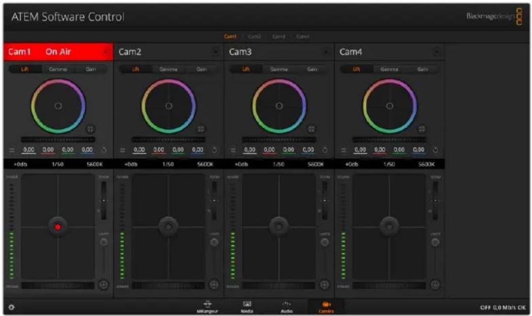 ATEM Software Control Blackmagic design Cam1 On Air Lift Gamma Gain 0,00 0,00 0,00 0,00 +0db 1/50 5600K +0db 1/50 5600K +0db 1/50 5600K +0db 1/50 5600K Mikampur Media Audio Camera OFF 0.0 Mb/s CK