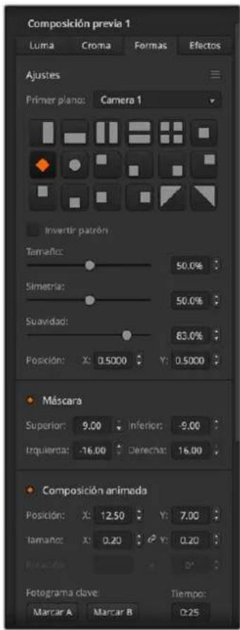 Composición previa 1 Luma Croma Formas Efectos Ajustes Primer plano: Camera 1 Invertir patrón Tamaño: 50.0% Simetria: 50.0% Suavidad: 83.0% Posición: X: 0.5000 Y: 0.5000 Múscara Superior: 9.00 Inferior: -9.00 Izquierda: -16.00 Derecha: 16.00 Composición animada Posición: X: 12.50 Y: 7.00 Tamaño: X: 0.20 G Y: 0.20 Fotograma clave: Marcar A Marcar B Tiempo: D:25