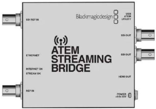 Blackmagicdesign USS ATEM UTILITY SDI REF IN ATEM STREAMING BRIDGE ETHERNET INTERNET OK STREAM OK REF IN SDI OUT SDI OUT HDMI OUT POWER +5 to 30V