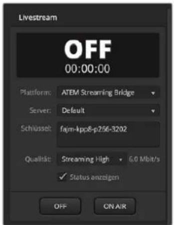 Livestream OFF 00:00:00 Platform: ATEM Streaming Bridge Server: Default Schlüssel: fajm-kpp8-p256-3202 Qualität: Streaming High 6.0 Mbit/s ✓ Status anzeigen OFF ON AIR