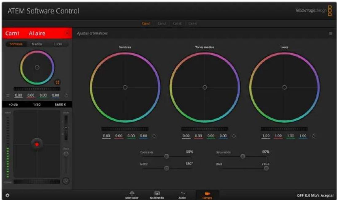 ATEM Software Control Blackmagic design Cam1 AI aire Ajustes cromaticos Sembras Toros medias Luxes 0.00 0.00 0.00 0.00 0.00 0.00 0.00 0.00 1.00 1.00 1.00 1.00 Covravide 50% Mato 186° Saturación 50% RGB Y RGB OFF 0.0 Mb/s Aceptar Merclader Multimedia Audio Camera