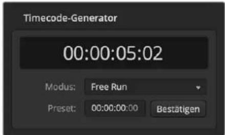 Timecode-Generator 00:00:05:02 Modus: Free Run Preset: 00:00:00:00 Bestätigen