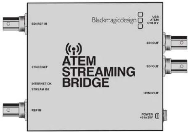 Blackmagicdesign USS ATEM UTILITY SDI REF IN ATEM STREAMING BRIDGE ETHERNET INTERNET OK STREAM OK REF IN SDI OUT SDI OUT HDMI OUT POWER +5 to 30V