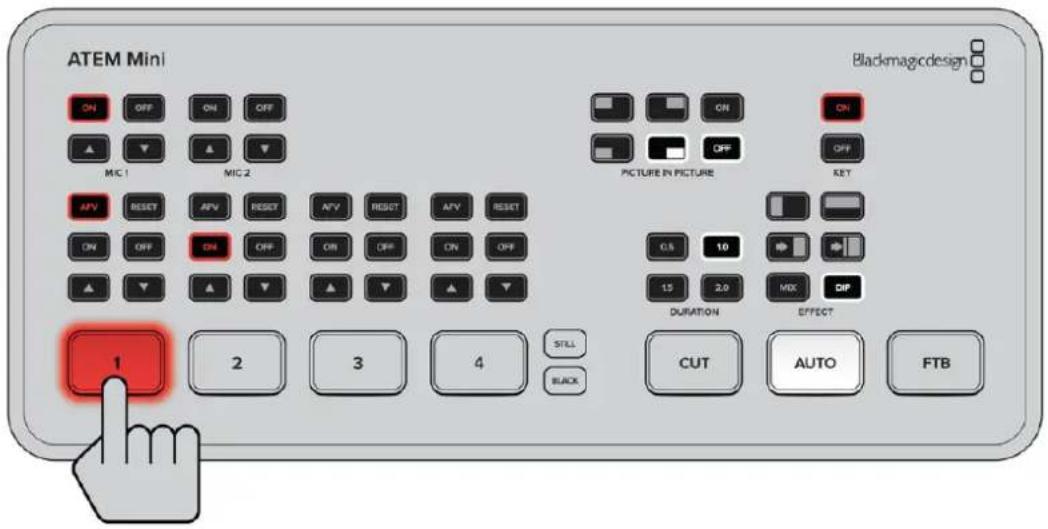 ATEM Mini Blackmagicdesign ON OFF ON OFF ▲ ▼ ▲ ▼ MIC 1 MIC 2 AFV RESET AFV RESET AFV RESET AFV RESET ON OFF ON OFF ON OFF ON ▲ ▼ ▲ ▼ ▲ ▼ PICTURE IN PICTURE RET 0.5 10 15 2.0 DURATION EFFECT CUT AUTO FTB 1 2 3 4 STILL BLACK