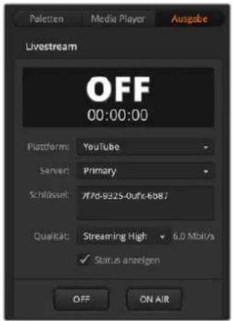Paetten Media Player Ausgabe Livestream OFF 00:00:00 Platform: YouTube Server: Primary Schlüssel: 7f7d-9325-0ufx-6b87 Qualität: Streaming High 6,0 Mb/s ✓ Status anzeigen OFF ON AIR