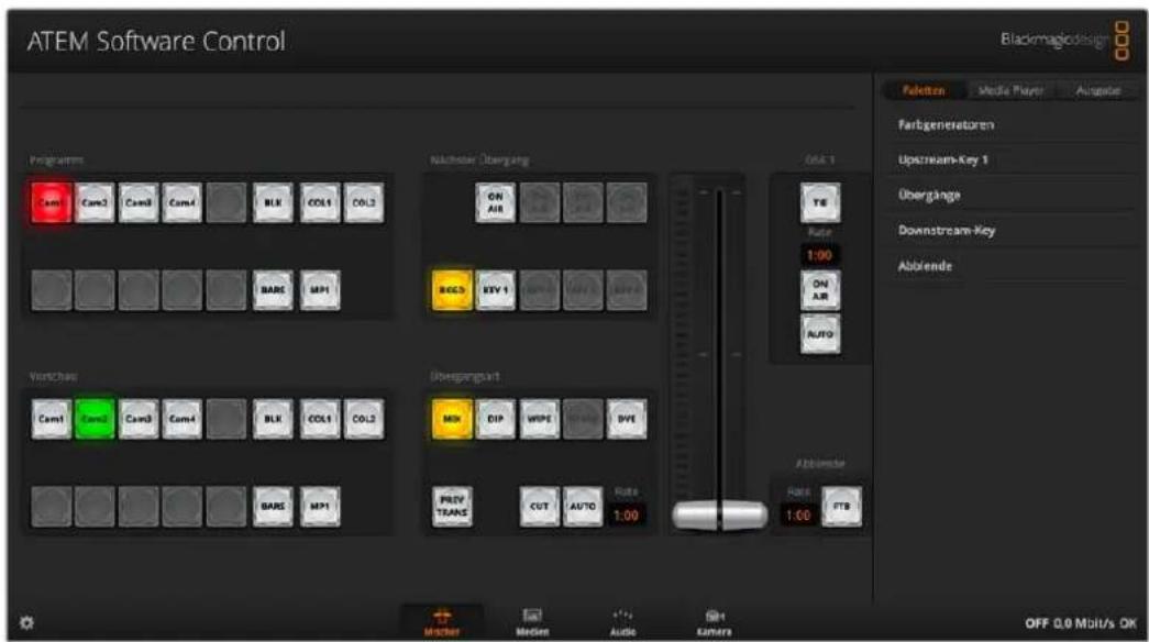 ATEM Software Control Blackmagic design Programm Cam1 Cam2 Cam3 Cam4 BLK COL5 COL5 Nachstar Übergang ON AIR BDCS EVY 1 Übergangart MX DIP WPE BVE PRIV TRANS CUT AUTO Rate 1.00 OK 1 T6 Rate 1:00 ON AIR AUTO Abgänge Rate FTS Vorschau Cam1 Cam2 Cam3 Cam4 BLK COL5 COL5 Nachstar Übergang OK 1 T6 Rate 1:00 ON AIR AUTO Übergangart MX DIP WPE BVE PRIV TRANS CUT AUTO Rate 1.00 OFF 0.0 Multi's OK