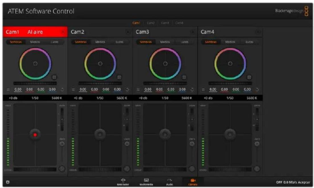 ATEM Software Control Cam1 AI aire Cam2 Cam3 Cam4 +0 db 1/50 5600 K +0 db 1/50 5600 K +0 db 1/50 5600 K +0 db 1/50 5600 K OFF 0.0 Mb/s Acepter