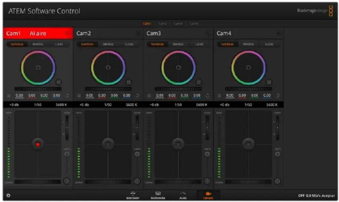 ATEM Software Control Blackmagicdesign Cam1 Cam2 Cam3 Cam4 Cam1 Cam2 Cam3 Cam4 Cam1 Al aire Cam2 Cam3 Cam4 Sembras Medios Lutos 0,00 0,00 0,00 0,00 +0 db 1/50 5600 K +0 db 1/50 5600 K +0 db 1/50 5600 K +0 db 1/50 5600 K OFF 0.0 Mb's Acepter Aeclater Multimedia Audio Camera