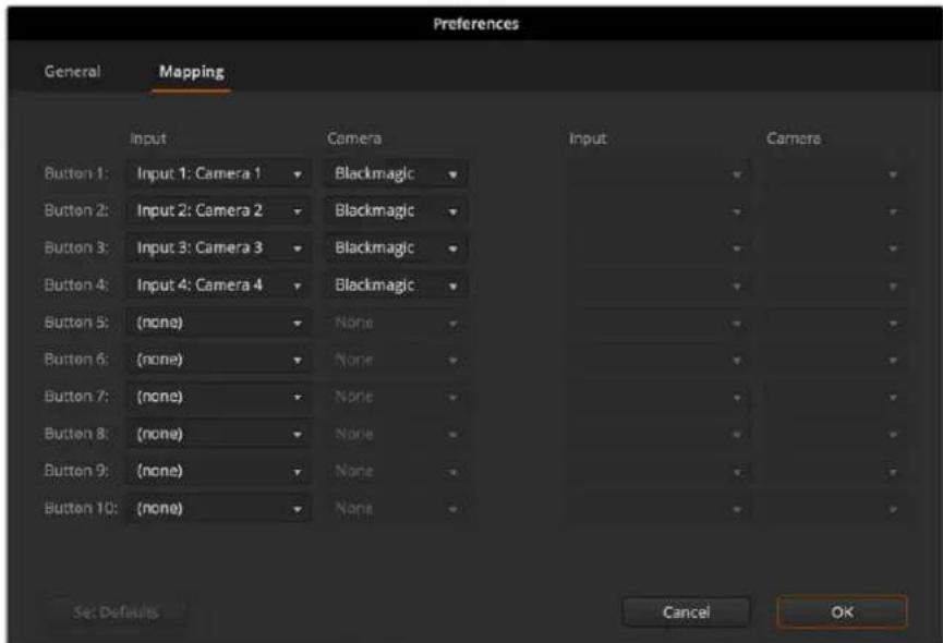 Preferences General Mapping Input Camera Button 1: Input 1: Camera 1 Blackmagic Button 2: Input 2: Camera 2 Blackmagic Button 3: Input 3: Camera 3 Blackmagic Button 4: Input 4: Camera 4 Blackmagic Button 5: (none) None Button 6: (none) None Button 7: (none) None Button 8: (none) None Button 9: (none) None Button 10: (none) None Input Camera Cancel OK Se: Defaults