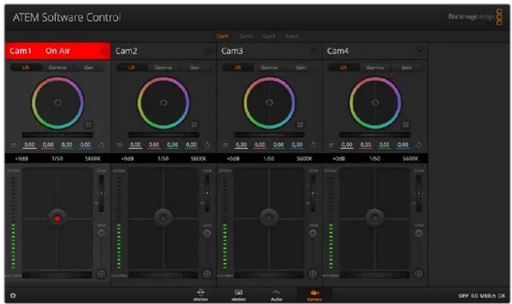 ATEM Software Control Blackmagic design Cam1 On Air Lift Gamma Gain 0.00 0.00 0.20 0.00 Cam2 Gamma Gain 0.00 0.00 0.20 0.00 Cam3 Gamma Gain 0.00 0.00 0.20 0.00 Cam4 Lift Gamma Gain 0.00 0.00 0.20 0.00 +0dB 1/50 5600K +0dB 1/50 5600K +0dB 1/50 5600K +0dB 1/50 5600K OFF 0.0 MHz/5 OK Master Media Audio Camera