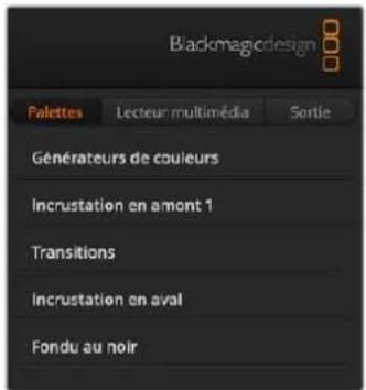 Blackmagicdesign Palettes Lecteur multimédia Sortie Générateurs de couleurs Incrustation en amont 1 Transitions Incrustation en aval Fondu au noir