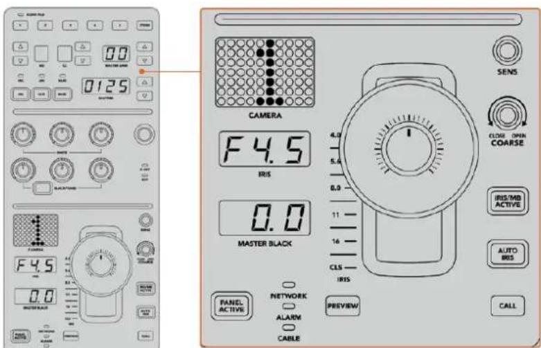 0125 CAMERA F4.5 IRIS 0.0 MASTER BLACK PANEL ACTIVE NETWORK ALARM CABLE PREVIEW SENS CLOSE OPEN COARSE IRIS/MB ACTIVE AUTO IRIS CALL