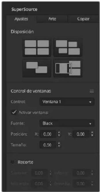 SuperSource Ajustes Arte Copiar Disposición Control de ventanas Control: Ventana 1 ✓ Activar ventana: Fuente: Black Posición: X: 0.00 Y: 0.00 Tamaño: 0.50 Recorte Subtotal: 0.00 Infacing: 0.00 Active button: 0.00 Remote button: 0.00
