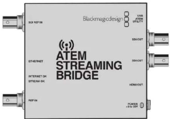 Blackmagicdesign USB ATEM UTILITY SOI REF IN SDI OUT ETHETNET SDI OUT INTERNET OK STREAM OK HDMI OUT REF IN POWER + 8 to 20V
