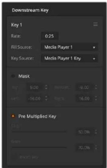 Downstream Key Key 1 Rate: 0.25 Fill Source: Media Player 1 Key Source: Media Player 1 Key Mask Top 9.00 Bottom -8.00 Left -16.00 Right 16.00 Pre Multiplied Key Top 50.0% Grain 70.0%
