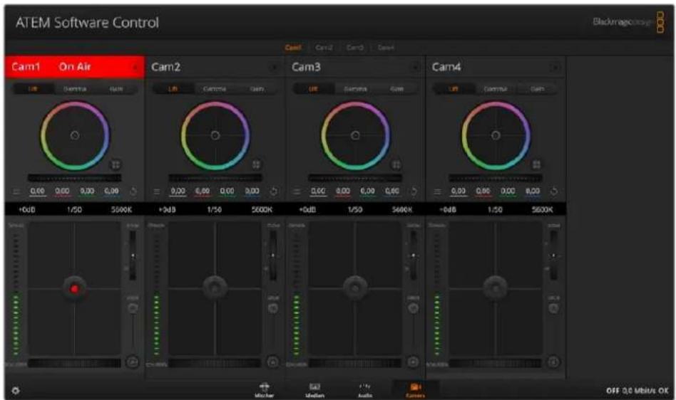 ATEM Software Control Blackmagic control Cam1 On Air Cam2 Cam3 Cam4 +0dB 1/50 5600K +9dB 1/50 5600K +0dB 1/50 5600K +0dB 1/50 5600K OFF 3.0 MHz OK