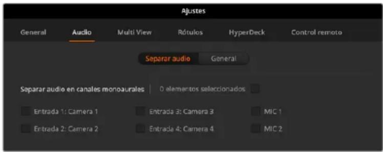 Ajustes General Audio Multi View Rótulos HyperDeck Control remoto Separar audio General Separar audio en canales monoaurales 0 elementos seleccionados Entrada 1: Camera 1 Entrada 3: Camera 3 MIC 1 Entrada 2: Camera 2 Entrada 4: Camera 4 MIC 2