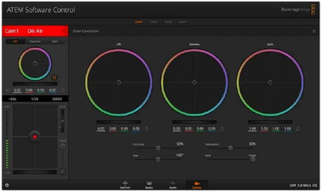 ATEM Software Control Blackmagic design Cam1 On Air Lift Gamma Gain 0.00 0.00 0.00 0.00 +0db 1/50 5600K Color Correction Lift Gamma Gain 0.00 0.00 0.00 0.00 0.00 0.00 0.00 0.00 0.00 0.00 0.00 0.00 1.00 1.00 1.00 1.00 Conflave 50% Run 180° Saturation 50% RGB 78dB Switch Media Audio Camera OFF 0.0 Mb/s OK