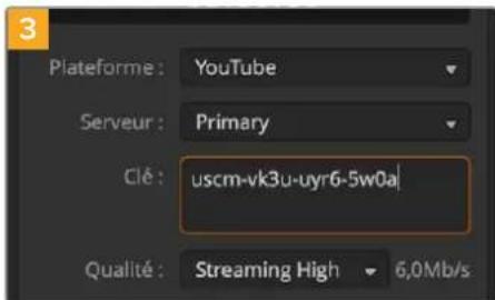 3 Plateforme : YouTube Serveur : Primary Clé : uscm-vk3u-uyr6-5w0a Qualité : Streaming High 6.0Mb/s