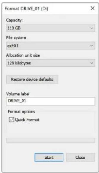 Format DRIVE_01 (D:) Capacity: 119 GB File system exFAT Allocation unit size 128 kilobytes Restore device defaults Volume label DRIVE_01 Format options ✓ Quick Format Start Close