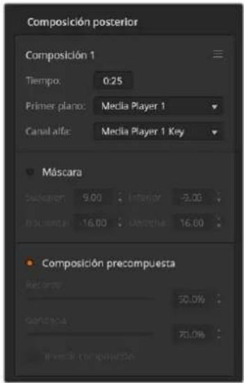 Composición posterior Composición 1 Tiempo: 0.25 Primer plano: Media Player 1 Canal alfa: Media Player 1 Key Máscara Subcarrier: 9.00 Interior -3.00 Policorrera: 16.00 Generale: 16.00 Composición precompuesta Pacerta: 50.0% Garcia: 70.0%