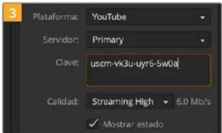 Plataforma: YouTube Servidor: Primary Clave: uscm-vk3u-uyr6-5w0a Calidad: Streaming High 6.0 Mb/s ✓ Mostrar estado