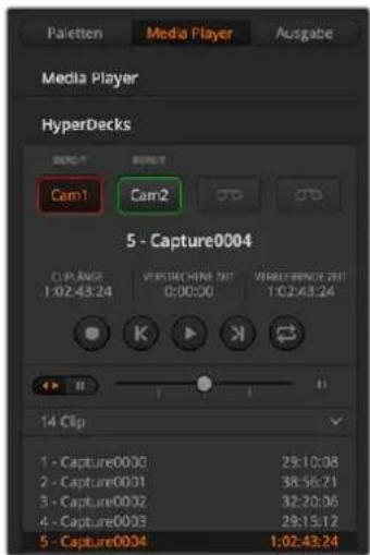 Paetten Media Player Ausgabe Media Player HyperDecks BRET BRET Cam1 Cam2 5 - Capture0004 CLANGE VISTECHONE 24T VISTEBRUENCE 24T 1:02:43:24 0:00:00 1:02:43:24 K K 14 Clip 1 - Capture0000 29:10:08 2 - Capture0001 38:56:21 3 - Capture0002 32:20:06 4 - Capture0003 28:15:12 5 - Capture0004 1:02:43:24