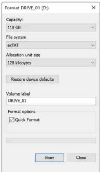 Format DRIVE_01 (D:) Capacity: 119 GB File system exFAT Allocation unit size 128 kilobytes Restore device defaults Volume label DRIVE_01 Format options ✓ Quick Format Start Close