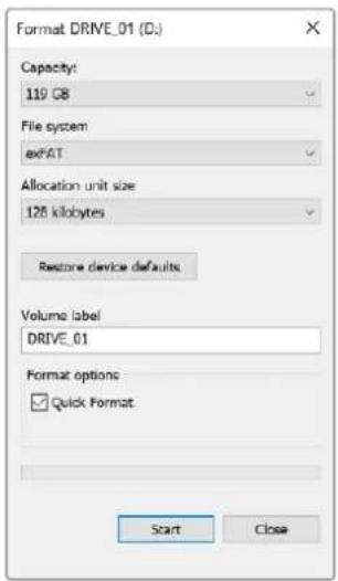 Format DRIVE_01 (D:) Capacity: 119 GB File system exFAT Allocation unit size 126 kilobytes Restore device defaults Volume label DRIVE_01 Format options: ✓ Quick Format Start Close