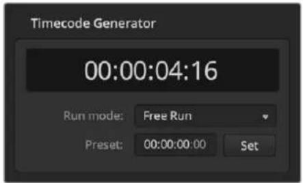 Timecode Generator 00:00:04:16 Run mode: Free Run Preset: 00:00:00:00 Set