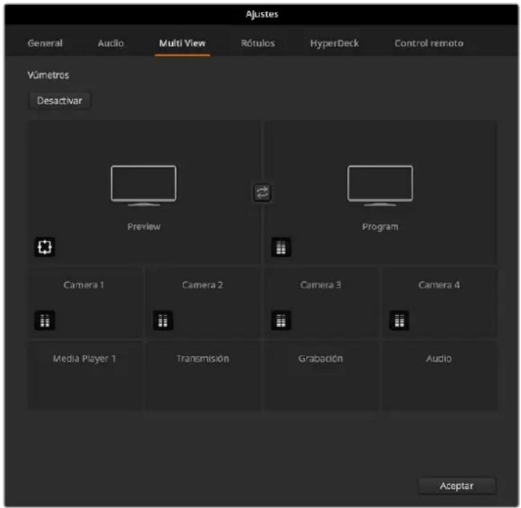 Ajustes General Audio Multi View Rótulos HyperDeck Control remoto Vúmetros Desactivar Preview Program Camera 1 Camera 2 Camera 3 Camera 4 Media Player 1 Transmisión Grabación Audio Aceptar