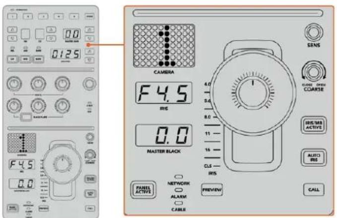 0125 CAMERA F4.5 IRIS 0.0 MASTER BLACK PANEL ACTIVE NETWORK ALARM CABLE PREVIEW SENS FINE DREAM COARSE IRIS/MB ACTIVE AUTO IRIS CALL