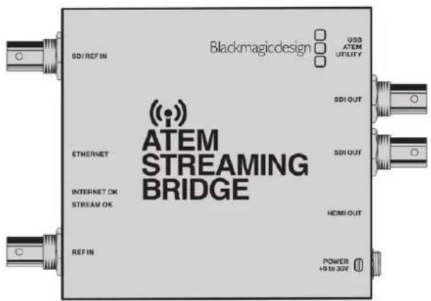 Blackmagicdesign USD ATEM UTILITY SDI REF IN ATEM STREAMING BRIDGE ETHERNET INTERNET OK STREAM OK REF IN SDI OUT SDI OUT HDMI OUT POWER +5 to 30V