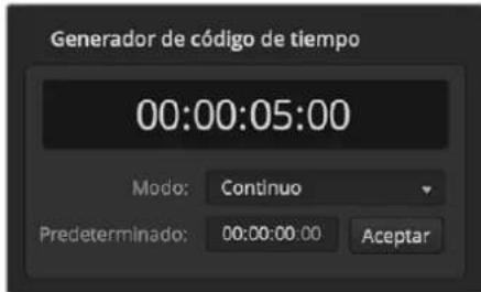 Generador de código de tiempo 00:00:05:00 Modo: Continuo Predeterminado: 00:00:00.00 Aceptar