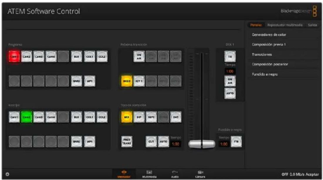 ATEM Software Control Blackmagic design Programa Cam1 Cam2 Cam3 Cam4 BLK COL1 ECLZ BARS MPI Próvima transición ON AIR ON AIR ON AIR BKSD KEY 1 KEY 2 KEY 3 KEY 4 Disk 1 TI Tiempo 1:00 ON AIR AUTO Anticipo Cam1 Cam2 Cam3 Cam4 BLK COL1 ECLZ BARS MPI Tipo de transición MX DIP MPE DVE PREV TRANS CUT AUTO Tiempo 1:00 Fundido a negro Tiempo FTB Pancies Reproducer/multimedia Salica Generadores de color Composición previa 1 Transiciones Composición posterior Funcido a negro Fundido a negro Tiempo 1:00 FTB OFF 0.0 Mb/s Acepter