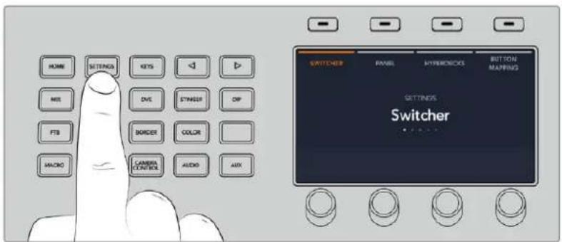 HOME SETTENS KETS ◀ ▶ MIS DVS STINGER DIP FTS BORDER COLOR HACO CAMERA CONTROL AUDIO AUX SWITCHER PANEL HYPERECKS BUTTON MAPPING SETTINGS Switcher •