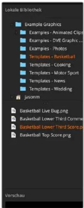 Lokale Bibliothek Example Graphics Examples - Animated Clips Examples - DVE Graphic ... Examples - Photos Templates - Basketball Templates - Cooking Templates - Motor Sport Templates - News Templates - Wedding Jasonm Basketball Live Bug.png Basketball Lower Third Comme Basketball Lower Third Score.p Basketball Top Score.png Vorschau