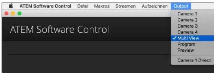 ATEM Software Control Datei Makros Streamen Aufzeichnen Output Camera 1 Camera 2 Camera 3 Camera 4 ✓ Multi View Program Preview Camera 1 Direct