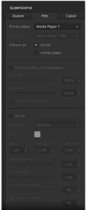 SuperSource Ajustes Arte Copiar Primer plano: Media Player 1 Color: Media Player 1 Key Colocar en: Fondo Primer plano Composition precompuesta Balance: 50.0% Dimensions: 70.0% Geometry composition Borda Balance: Ninguno Color: Maser: Cemación: Cemación 0.0% 0.0% Andina appearance: 0.0% Andina style: 0.0% Altersaldo rendered: 0% Altersaldo additional: 0%