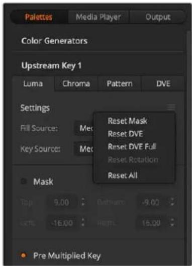 Palettes Media Player Output Color Generators Upstream Key 1 Luma Chroma Pattern DVE Settings Fill Source: Key Source: Mask Reset Mask Reset DVE Reset DVE Full Reset Rotation Reset All Top 9.00 Bottom -9.00 Left -16.00 Right -15.00 ● Pre Multiplied Key