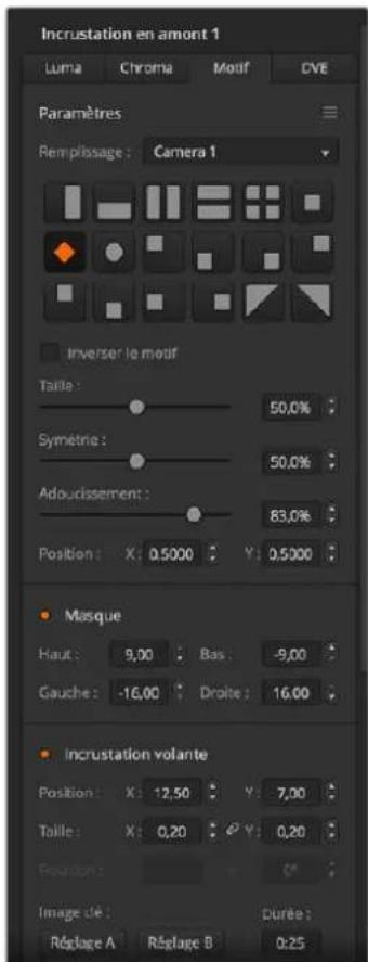 Incrustation en amont 1 Luma Chroma Motif CVE Paramètres Remplissage: Camera 1 Inverser le motif Taille: 50,0% Symétrie: 50,0% Adouissement: 83,0% Position: X: 0,5000 Y: 0,5000 Masque Haut: 9,00 Bas: -9,00 Gauche: -16,00 Droite: 16,00 Incrustation volante Position: X: 12,50 Y: 7,00 Taille: X: 0,20 Y: 0,20 Position: Image D/E Durée: Répage A Répage B 0:25